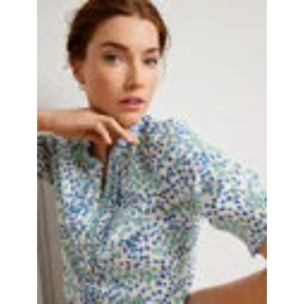 Talbots Lovely Floral Ruffle Top Blue Ditzy Print Large Short Sleeves Popover - Picture 2 of 8